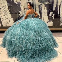 2024 Aqua Blue Sweetheart Quinceanera Dresses Beads Tull Tiered Mexican Vestidos De 15 Anos Princecss Birthday Party Gowns