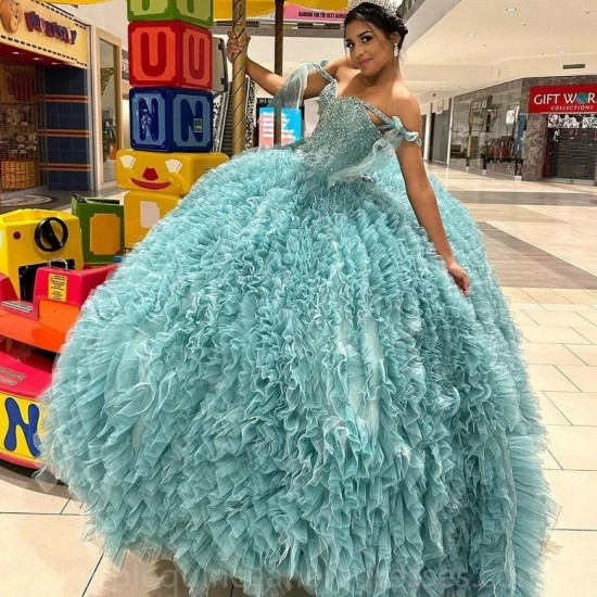 2024 Aqua Blue Sweetheart Quinceanera Dresses Beads Tull Tiered Mexican Vestidos De 15 Anos Princecss Birthday Party Gowns