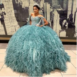 2024 Aqua Blue Sweetheart Quinceanera Dresses Beads Tull Tiered Mexican Vestidos De 15 Anos Princecss Birthday Party Gowns