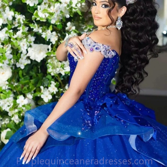 2024 Blue Ball Gown Quinceanera Dresses Flower Beaded Celebrity Party Gowns Sequined Graduation Vestido De 15 Anos