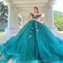 2024 Emerald Green Princess Quinceanera Dresses Ball Gown Applique Beads Crystal Sweet 16th Dress Lace Up Birthday Party