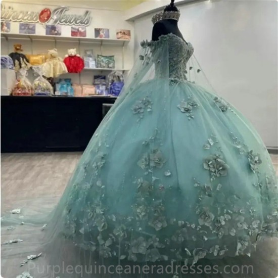 2024 Mint Green Shiny Quinceanera Dress With Cape Ball Gown Sleeveless Beading 3D Flowers Corset Vestido De 15 Anos