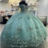 2024 Mint Green Shiny Quinceanera Dress With Cape Ball Gown Sleeveless Beading 3D Flowers Corset Vestido De 15 Anos