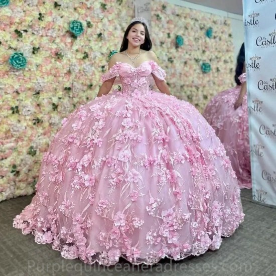 2024 Pink Quinceanera Dresses Floral 3D Flowers Appliques Beading Ball Gown Corset Sweet 16 Vestidos De XV Anos