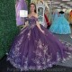 2024 Purple Shiny Sweetheart Quinceanera Dresses Off the Shoulder Ball Gown Appliques Lace Flower Crystal Vestidos De 15 Anos