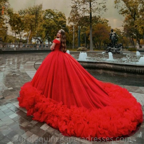 2024 Red Quinceanera Dress Ball Gown Princess Ruffle Flower Long Royal Train Ball Birthday Prom Party Pageant Miss Sweet 15