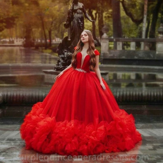 2024 Red Quinceanera Dress Ball Gown Princess Ruffle Flower Long Royal Train Ball Birthday Prom Party Pageant Miss Sweet 15