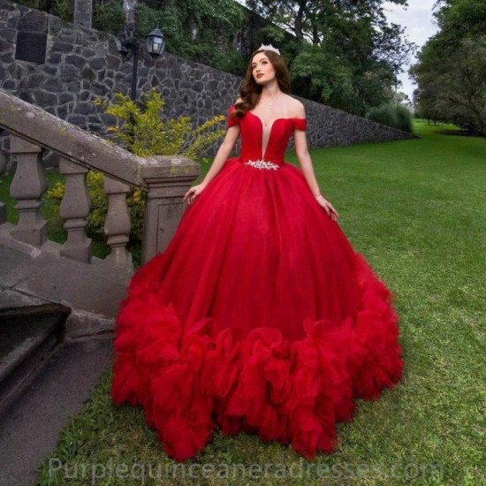 2024 Red Quinceanera Dress Ball Gown Princess Ruffle Flower Long Royal Train Ball Birthday Prom Party Pageant Miss Sweet 15