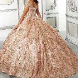 2024 Rose Gold Shiny Ball Gown Quinceanera Dress Appliques Lace Beads Off Shoulder Sweet 15 16 Years Vestidos De XV Anos