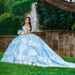 2024 Sky Blue Quinceanera Dress Beading Crytals 3D Floral Lace Appliques Ball Gown Sweet 16 Party Princess Dress Long Train