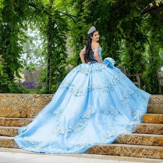 2024 Sky Blue Quinceanera Dress Beading Crytals 3D Floral Lace Appliques Ball Gown Sweet 16 Party Princess Dress Long Train