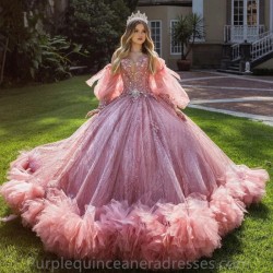 2024 Sparkly Pink Off The Shoulder Quinceanera Dresses Ball Gown Birthday Gown Vestidos De 15 Anos