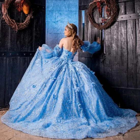 3D Flowers Light Blue Glitter Crystal Ball Gown Quinceanera Dresses Detachable Sleeve Corset Vestidos De 15 Anos