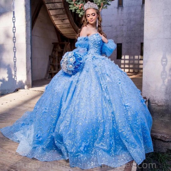 3D Flowers Light Blue Glitter Crystal Ball Gown Quinceanera Dresses Detachable Sleeve Corset Vestidos De 15 Anos