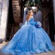 3D Flowers Light Blue Glitter Crystal Ball Gown Quinceanera Dresses Detachable Sleeve Corset Vestidos De 15 Anos