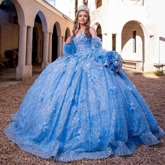 3D Flowers Light Blue Glitter Crystal Ball Gown Quinceanera Dresses Detachable Sleeve Corset Vestidos De 15 Anos