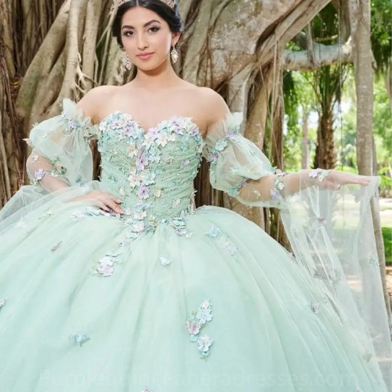 3D Flowers Mint Green Quinceanera Dresses With Cape Ball Gown Corset Princess Dress vestidos de quinceanera aqua