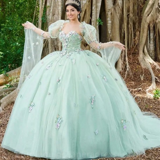 3D Flowers Mint Green Quinceanera Dresses With Cape Ball Gown Corset Princess Dress vestidos de quinceanera aqua