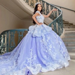 Appliques Beading 3D Flower Quinceanera Dresses Sweet Sleeveless Ball Gown Dresses Elegant With Train Plus Size Vestidos