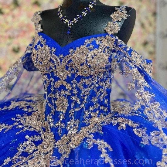 Beaded Blue Ball Gown Quinceanera Dresses 2024 Gold Applique Lace With Cape Sweet 16 Dress Vestidos De 15 Anos