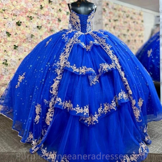 Beaded Blue Ball Gown Quinceanera Dresses 2024 Gold Applique Lace With Cape Sweet 16 Dress Vestidos De 15 Anos