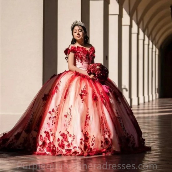 Beading Burgundy 3D Flowers Princess Quinceanera Dresses Ball Gown 2024 Appliques Off Shoulder Sweet 16 Dress Vestido De 15 Anos