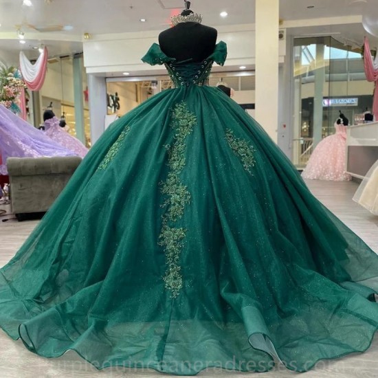 Beading Emerald Green Crystal Appliques Lace Ball Gown Quinceanera Dresses Off The Shoulder Illusion Corset Vestidos De 15 Anos