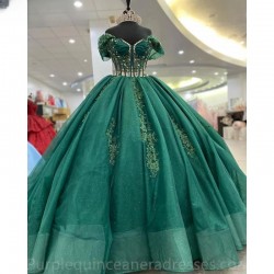 Beading Emerald Green Crystal Appliques Lace Ball Gown Quinceanera Dresses Off The Shoulder Illusion Corset Vestidos De 15 Anos