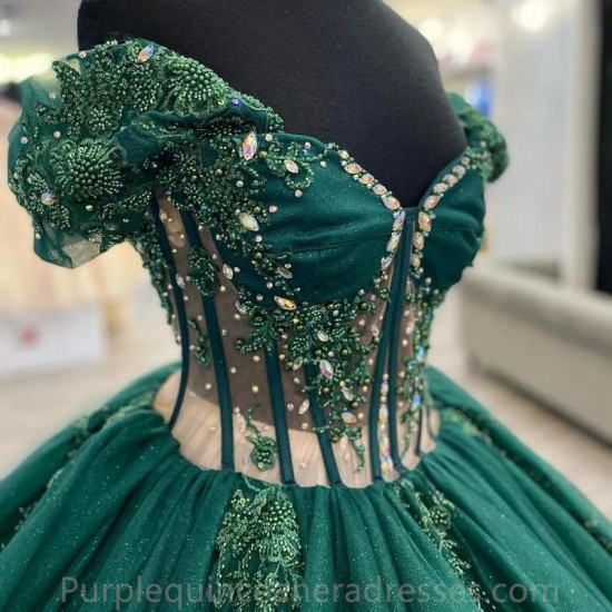 Beading Emerald Green Crystal Appliques Lace Ball Gown Quinceanera Dresses Off The Shoulder Illusion Corset Vestidos De 15 Anos