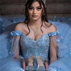 Detached Beading Sky Blue Princess Ball Gown Quinceanera Dresses With Cape 3D Applique Sweet 16 Dress Vestidos De 15 Anos