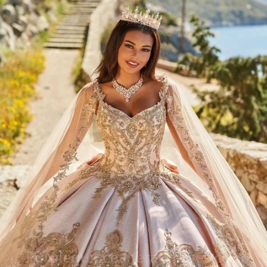 Beads Pink Quinceanera Dresses Appliques Lace With Cape Ball Gowns Princess Sweet 16 Dress Lace up vestidos de 15