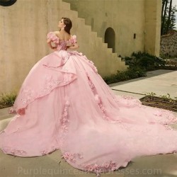 Beads Pink Quinceanera Dresses Ball Gown Sweet 16 Dress Flowers Appliques Crystals Birthday 15th Party Gown