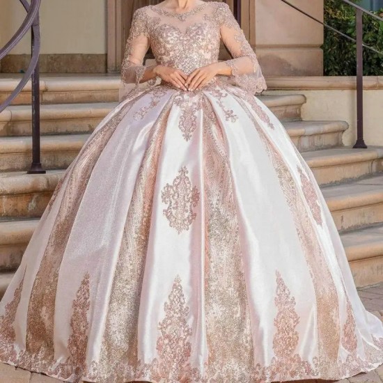 Bell Sleeve Satin Ball Gown With Beaded Lace Appliques Quinceanera Dress Elegant Scoop Neck Prom Dress Women Wedding Party Gown