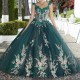 Blackish Green Quinceanera Dresses Off Shoulder Ball Gown Sweet 16 Dress Beading Appliques Lace With Cape Birthday Party Gowns