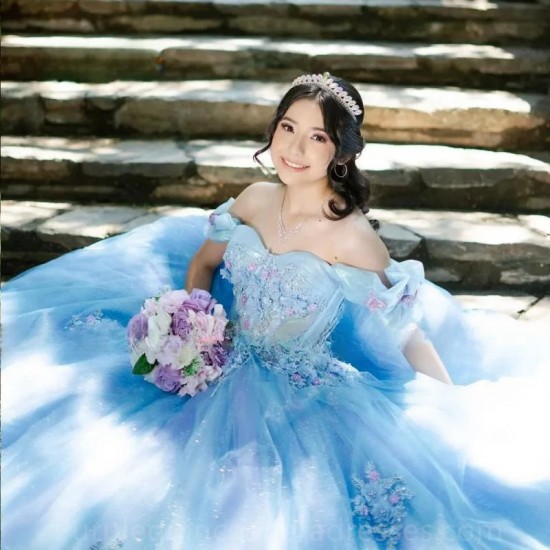 Blue Vestidos De 15 Anos Tulle Quinceanera Dress 2024 Shining 3D Flower Sweet 16 Birthday Party Gown Sweetheart Princess Pageant