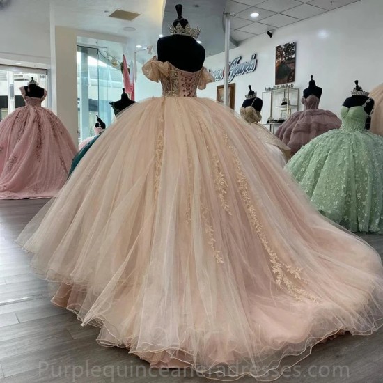 Blush Pink Illusion Beading Sequined Quinceanera Dresses Ball Gown Off The Shoulder Appliques Lace Corset Vestidos De 15 Anos