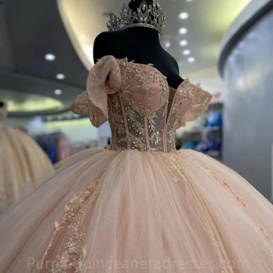 Blush Pink Illusion Beading Sequined Quinceanera Dresses Ball Gown Off The Shoulder Appliques Lace Corset Vestidos De 15 Anos