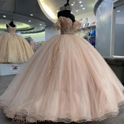 Blush Pink Illusion Beading Sequined Quinceanera Dresses Ball Gown Off The Shoulder Appliques Lace Corset Vestidos De 15 Anos