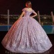 Boat Neck Off The Shoulder Sequin Flowers Evening Dress 2024 Ball Gown Floor Length Sweep Train Tulle Quinceanera Dress