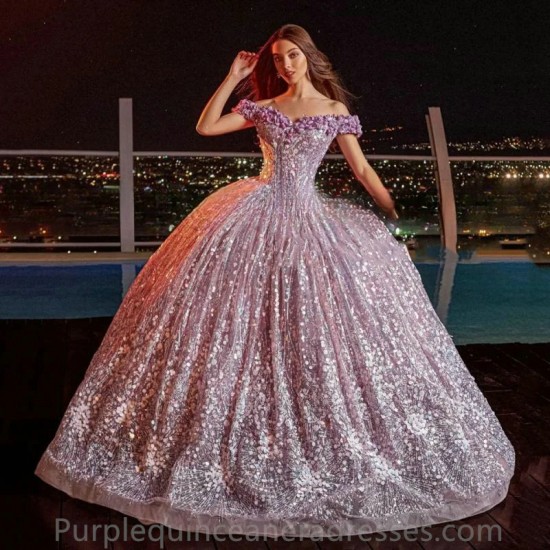 Boat Neck Off The Shoulder Sequin Flowers Evening Dress 2024 Ball Gown Floor Length Sweep Train Tulle Quinceanera Dress