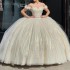 Champagne Flowers Crystal Quinceanera Dress Ball Gown Off Shoulder Appliques Lace Pageant Birthday Sweet 15 Party