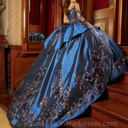 Charro Blue Quinceanera Dresses Ball Gown Long Sleeves Tulle Appliques Puffy Mexican Sweet 16 Dresses 15 Anos