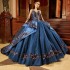 Charro Blue Quinceanera Dresses Ball Gown Long Sleeves Tulle Appliques Puffy Mexican Sweet 16 Dresses 15 Anos