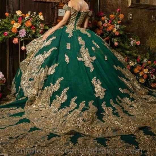 Charro Green Quinceanera Dresses Ball Gown Off The Shoulder Tulle Appliques Pearls Mexican Sweet 16 Dresses 15 Anos