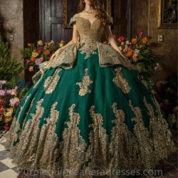 Charro Green Quinceanera Dresses Ball Gown Off The Shoulder Tulle Appliques Pearls Mexican Sweet 16 Dresses 15 Anos