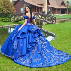 Dark Blue Luxury Princess Quinceanera Dresses 2024 Elegent Lace Puffy Appliques Beading Bow Off The Shoulder Sweet Party Dresse