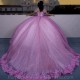 Detachable Pink 3D Flowers Crystal Ball Gown Quinceanera Dresses Sleeve Corset Vestidos De 15 Anos