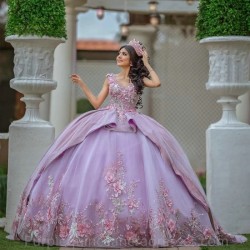 Elegant 3D Flower Purple Quinceanera Dresses 2024 Mexican V Neck Sweet 16 Dress Beading 15 Years Birthday Lace Party Ball Gown