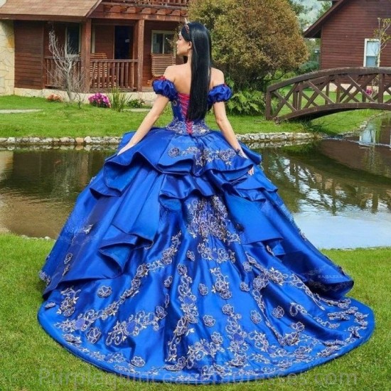 Elegant Blue Quinceanera Dress 2024 Princess Prom Ball Gown Sweet 16 XV Years Birthday Dress Ruffle Layers Train Pageant Mexican