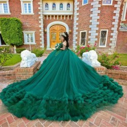 Elegant Green Princess Ball Gown Quinceanera Dresses Off Shoulder Bead Tiered Ruffle Sweet 16 Dress Birthday Party Gown